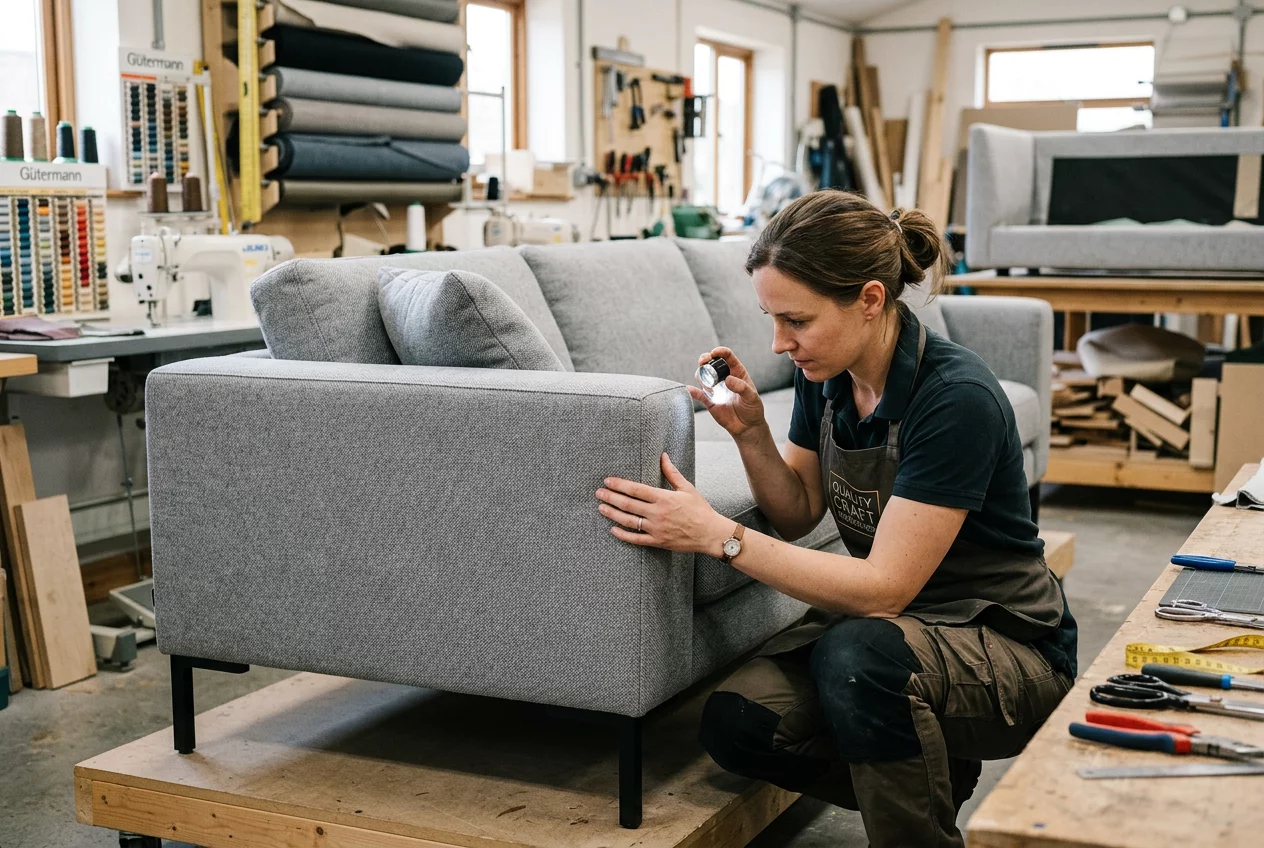 Furniture technician inspecting upholstery quality